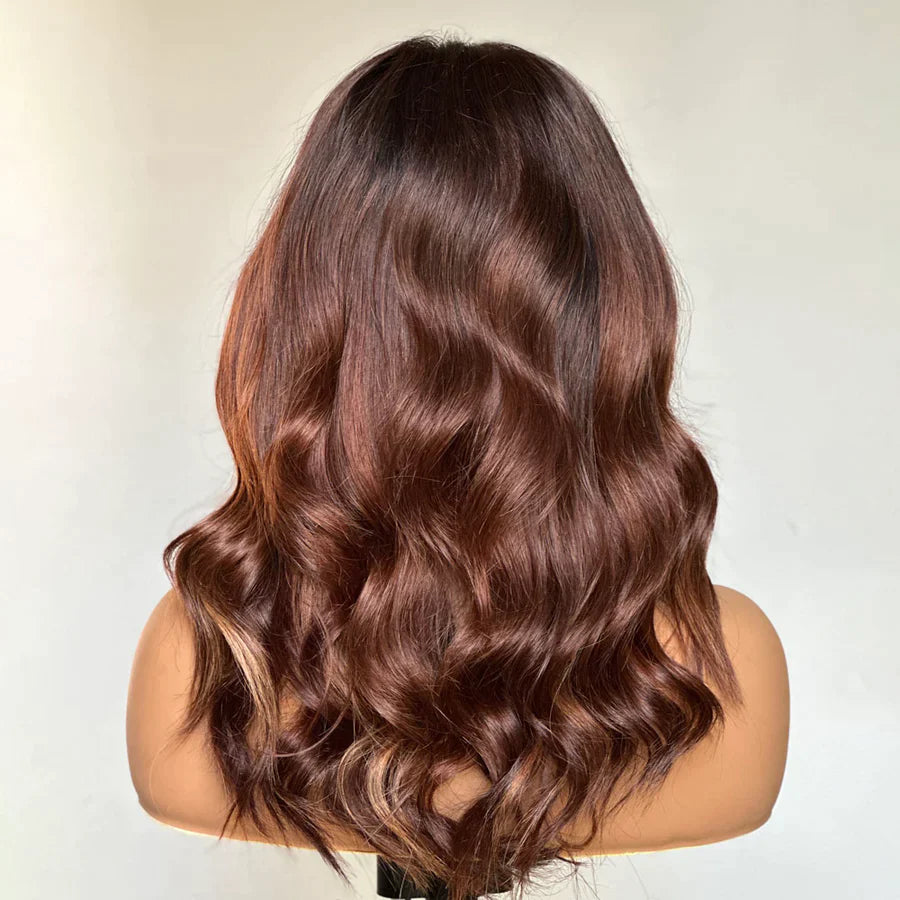 Ombre Chestnut Brown Layered Curtain Bangs Wavy 13x4 Lace Frontal Wig