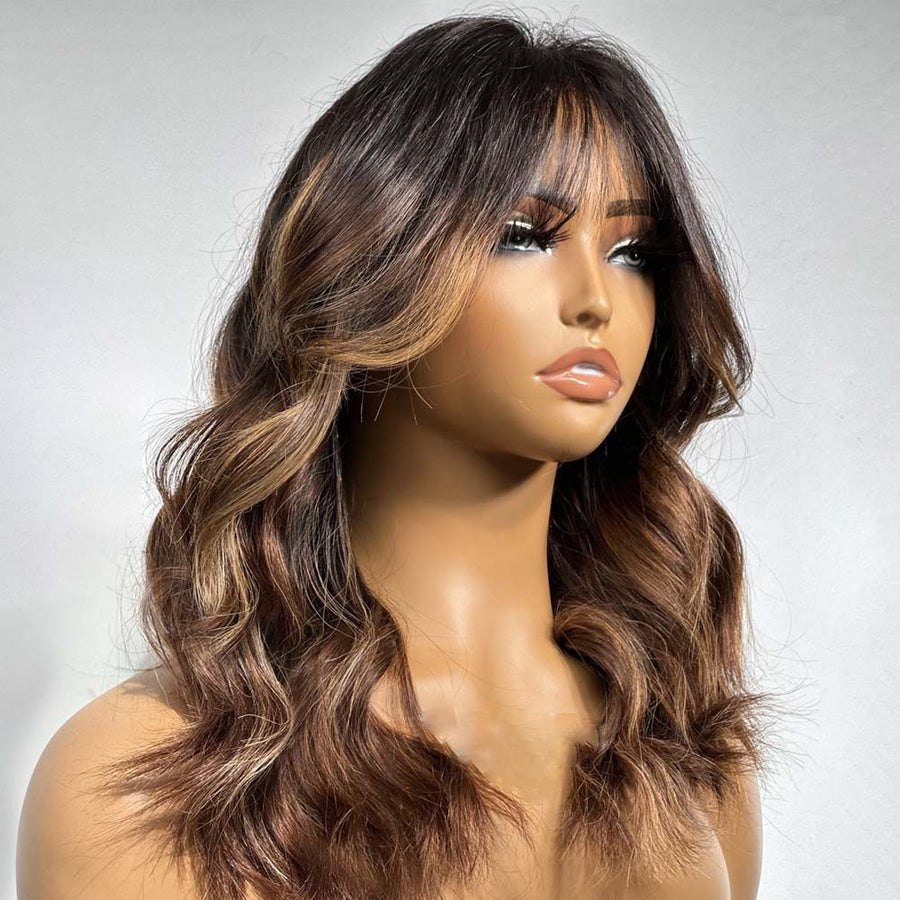 Ombre Chestnut Brown Layered Curtain Bangs 5x5 Lace Closure Body Wave Wig