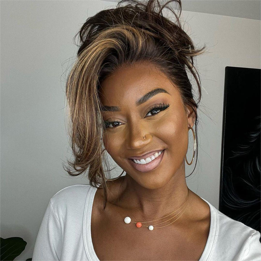 Dark Brown With Blonde Highlights Layered Wavy 13x4 Lace Front Wig