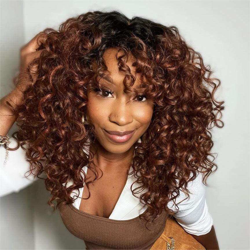 Glueless Ginger Brown Black Hair Root Curly Wig With Bangs