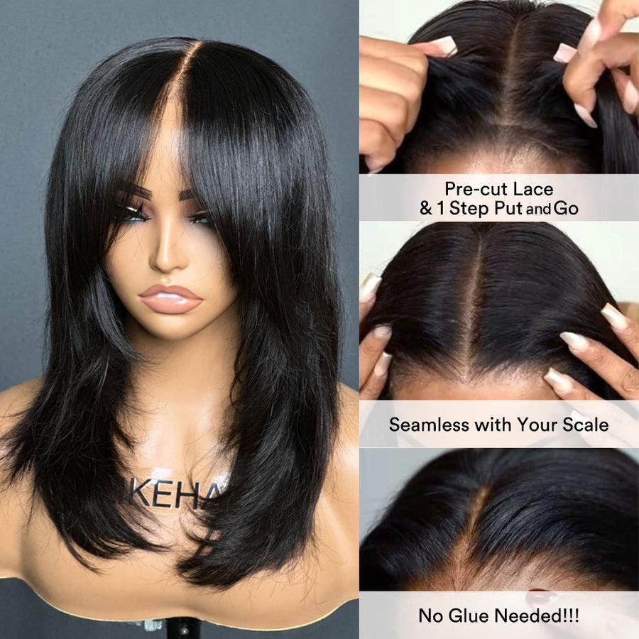 Wear & Go Layered Wavy Curtain Bangs 4x4 Pre Cut Lace Closure Wig